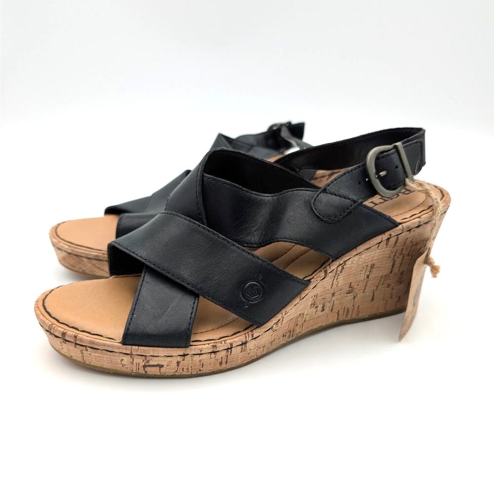 Born Sami Cork Slingback Wedge Sandals Women's Black Leather Size US9M EU39.5